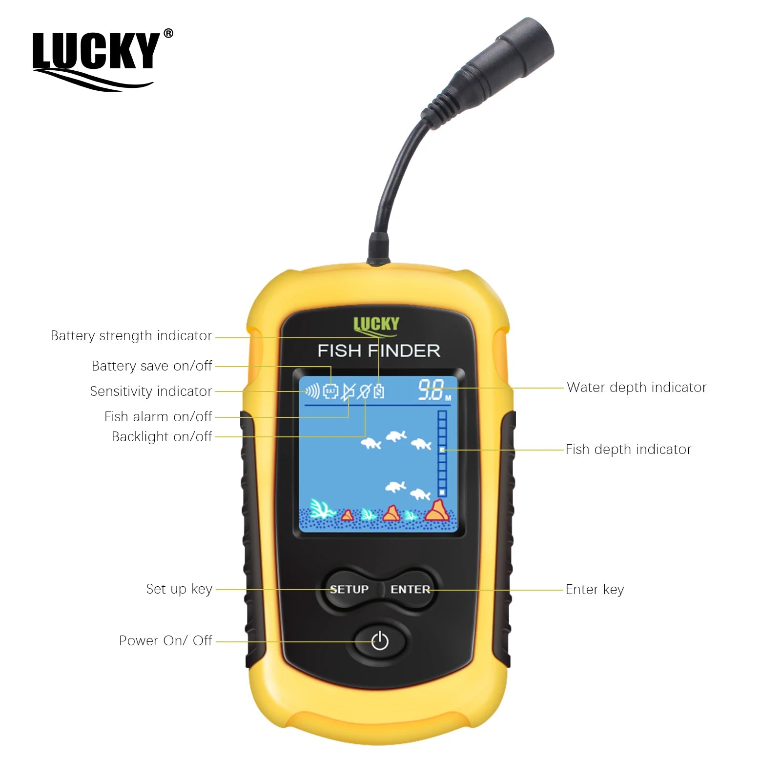 FFC1108-1 Alarm 100M Portable Sonar Fish Finders 45 degrees Sonar Coverage Echo Sounder Alarm Transducer Lake Sea Fishing Act1ve Unlimited
