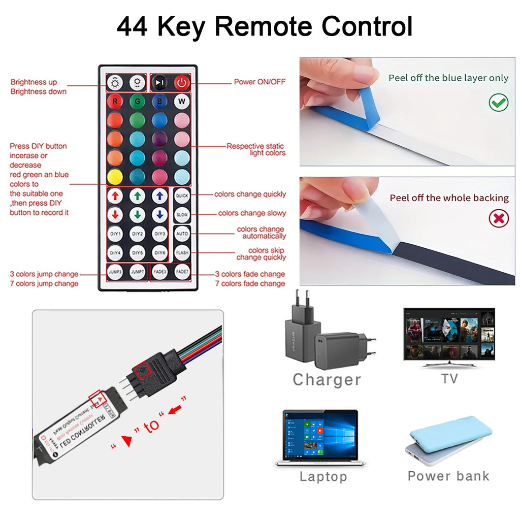Led Strip Lights with 44 Key Remote Control 1m 5m 10m 20m RGB Tape Led Wall Room for Home Bedroom Party Decor TV Backlight Act1ve Unlimited