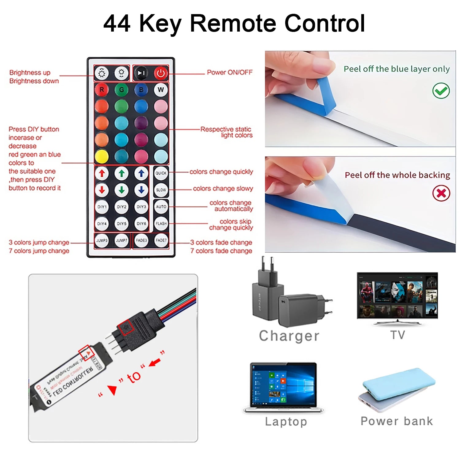 Led Strip Lights with 44 Key Remote Control 1m 5m 10m 20m RGB Tape Led Wall Room for Home Bedroom Party Decor TV Backlight Act1ve Unlimited