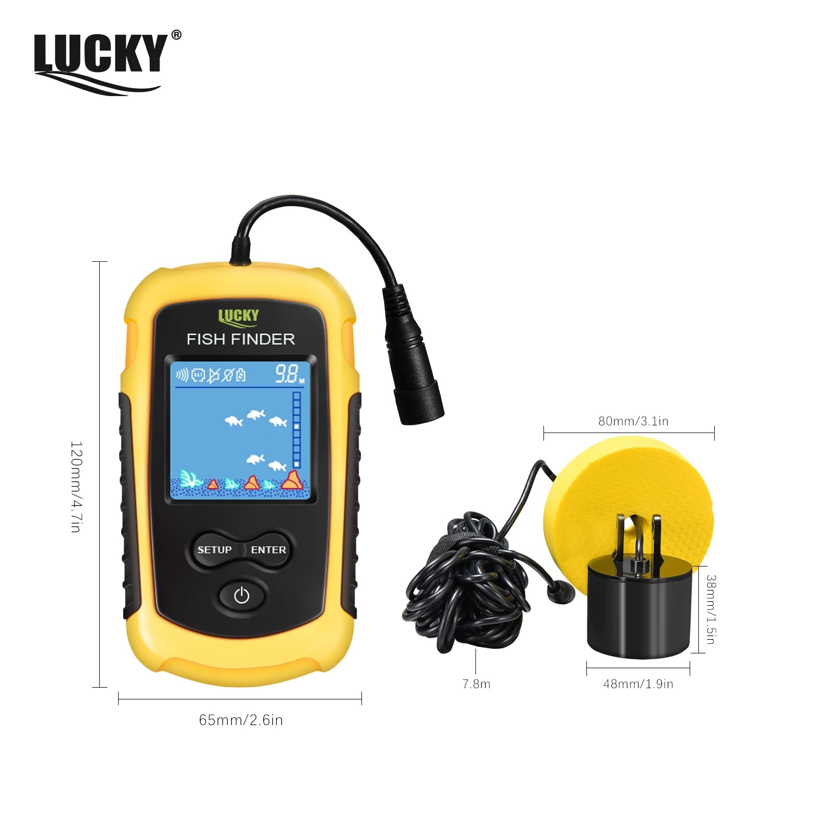 FFC1108-1 Alarm 100M Portable Sonar Fish Finders 45 degrees Sonar Coverage Echo Sounder Alarm Transducer Lake Sea Fishing Act1ve Unlimited