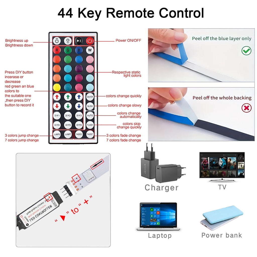Led Strip Lights with 44 Key Remote Control 1m 5m 10m 20m RGB Tape Led Wall Room for Home Bedroom Party Decor TV Backlight Act1ve Unlimited