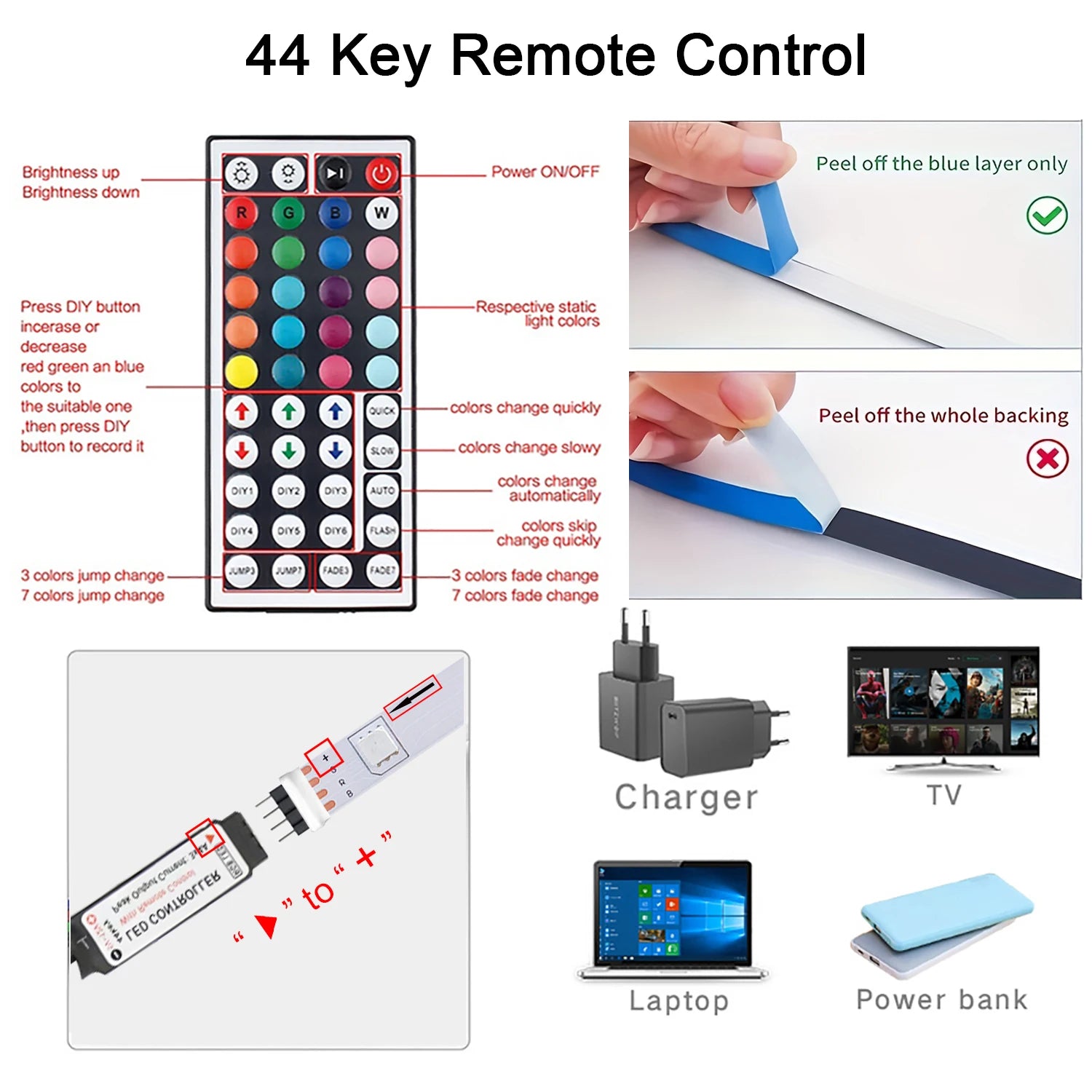 Led Strip Lights with 44 Key Remote Control 1m 5m 10m 20m RGB Tape Led Wall Room for Home Bedroom Party Decor TV Backlight Act1ve Unlimited