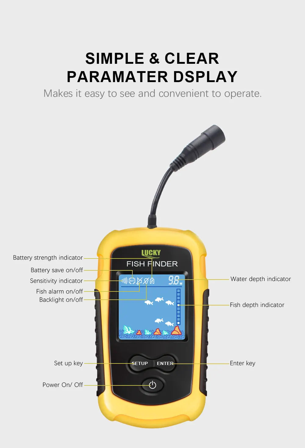 FFC1108-1 Alarm 100M Portable Sonar Fish Finders 45 degrees Sonar Coverage Echo Sounder Alarm Transducer Lake Sea Fishing Act1ve Unlimited