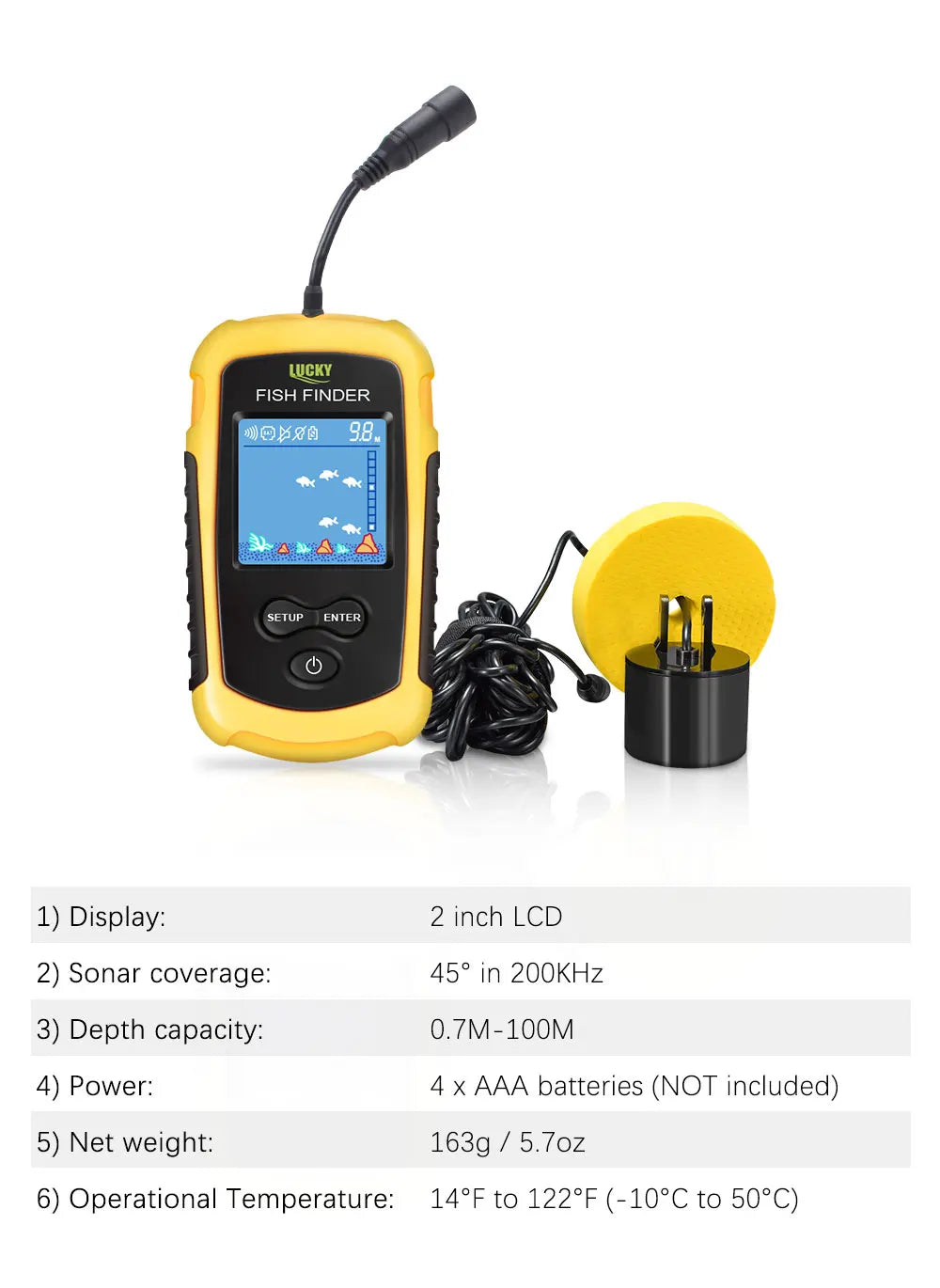 FFC1108-1 Alarm 100M Portable Sonar Fish Finders 45 degrees Sonar Coverage Echo Sounder Alarm Transducer Lake Sea Fishing Act1ve Unlimited